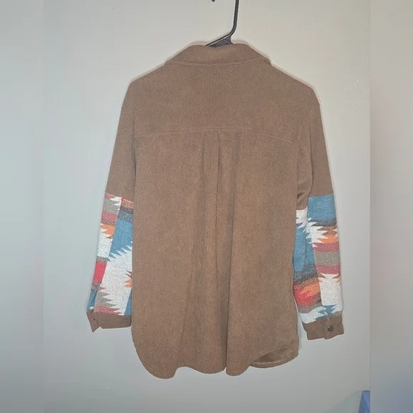 Brown Corduroy Jacket with Aztec Patterned Sleeves, L, Oversized, Western - Picture 7 of 9